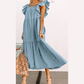 Sarah Sky Blue Ruffled Flutter Sleeve Square Neck Textured Tiered Maxi Dress