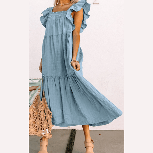 Sarah Sky Blue Ruffled Flutter Sleeve Square Neck Textured Tiered Maxi Dress