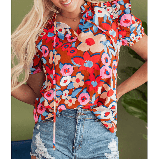 REDUCED!!!  Danica Flower Print Self Tie Frilled Collar Puff Sleeve Blouse  REDUCED!!!
