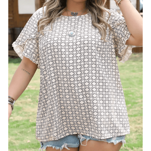 Becca Jo Khaki PLUS SIZE Geometric Print Ruffled Sleeve Blouse