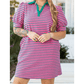 Daniella Pink Stripe Collared V Neck Puff Sleeve Shift PLUS SIZE T Shirt Dress with Pockets