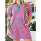 Daniella Pink Stripe Collared V Neck Puff Sleeve Shift PLUS SIZE T Shirt Dress with Pockets