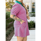 Daniella Pink Stripe Collared V Neck Puff Sleeve Shift PLUS SIZE T Shirt Dress with Pockets