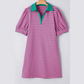 Daniella Pink Stripe Collared V Neck Puff Sleeve Shift PLUS SIZE T Shirt Dress with Pockets
