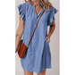 Chamagne Sky Blue Stripe Frilly Split Neck Shirred Ruffle Sleeve Short Shift Dress