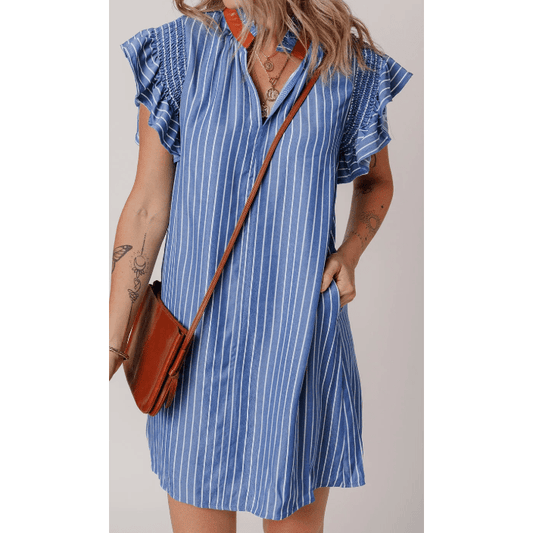 Chamagne Sky Blue Stripe Frilly Split Neck Shirred Ruffle Sleeve Short Shift Dress