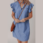 Chamagne Sky Blue Stripe Frilly Split Neck Shirred Ruffle Sleeve Short Shift Dress