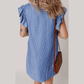 Chamagne Sky Blue Stripe Frilly Split Neck Shirred Ruffle Sleeve Short Shift Dress