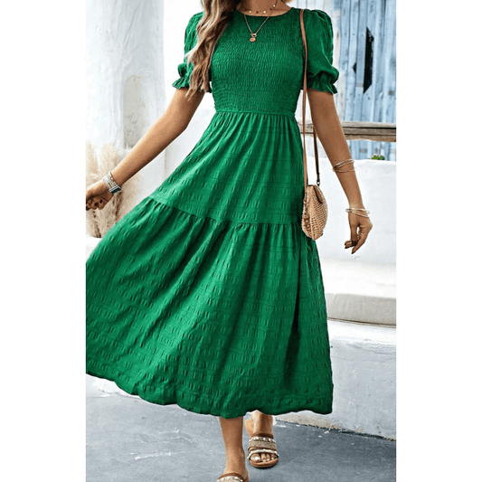 Freya Dark Green Textured Smocked Puff Short Sleeve High Waist Long Dress
