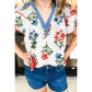 Marleigh White Floral Print Contrast V Neck Tassel Tie Lace Detail Short Sleeve Blouse