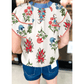 Marleigh White Floral Print Contrast V Neck Tassel Tie Lace Detail Short Sleeve Blouse