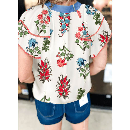 SALE!!!  Marleigh White Floral Print Contrast V Neck Tassel Tie Lace Detail Short Sleeve Blouse