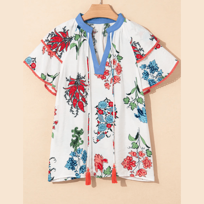 Marleigh White Floral Print Contrast V Neck Tassel Tie Lace Detail Short Sleeve Blouse