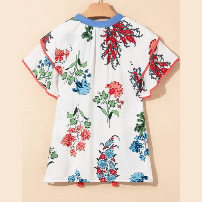 Marleigh White Floral Print Contrast V Neck Tassel Tie Lace Detail Short Sleeve Blouse