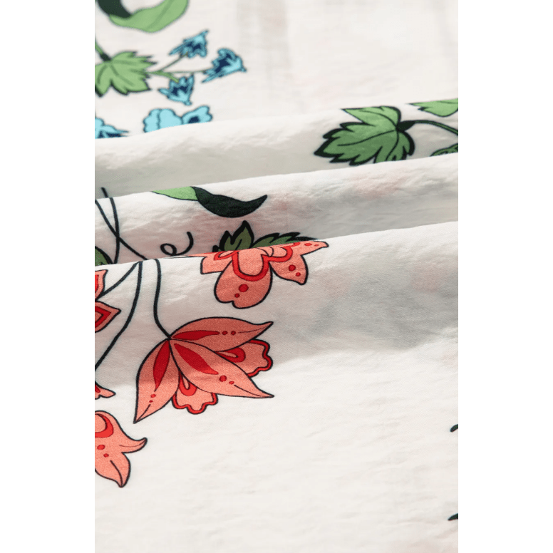 Marleigh White Floral Print Contrast V Neck Tassel Tie Lace Detail Short Sleeve Blouse