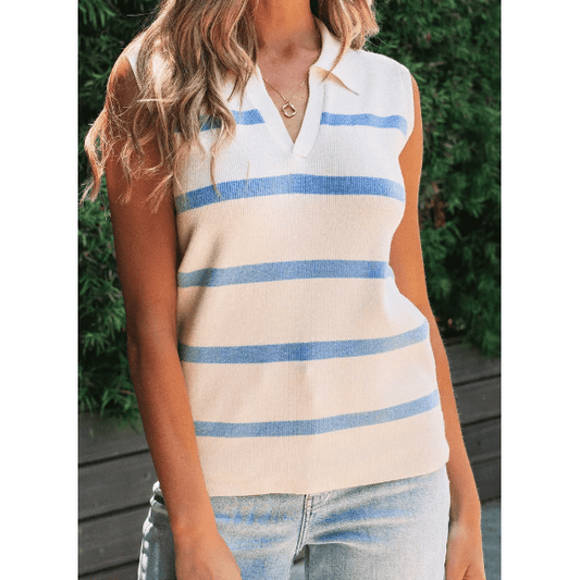 Kyndell Sky Blue Stripe Split V Neck Collared Ribbed Sweater Vest