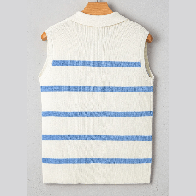 Kyndell Sky Blue Stripe Split V Neck Collared Ribbed Sweater Vest