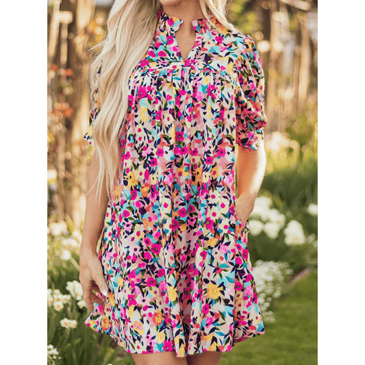 Talisha Pink Floral Puff Short Sleeve V Neck Mini Dress