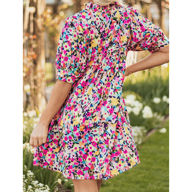 Talisha Pink Floral Puff Short Sleeve V Neck Mini Dress