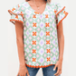 Mackenzie Green Geometric Floral Print Layered Flutter Sleeve V Neck Ric Rac Trim Blouse