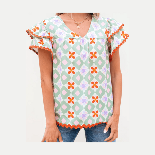 SALE!!!  Mackenzie Green Geometric Floral Print Layered Flutter Sleeve V Neck Ric Rac Trim Blouse