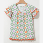 Mackenzie Green Geometric Floral Print Layered Flutter Sleeve V Neck Ric Rac Trim Blouse