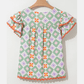 Mackenzie Green Geometric Floral Print Layered Flutter Sleeve V Neck Ric Rac Trim Blouse