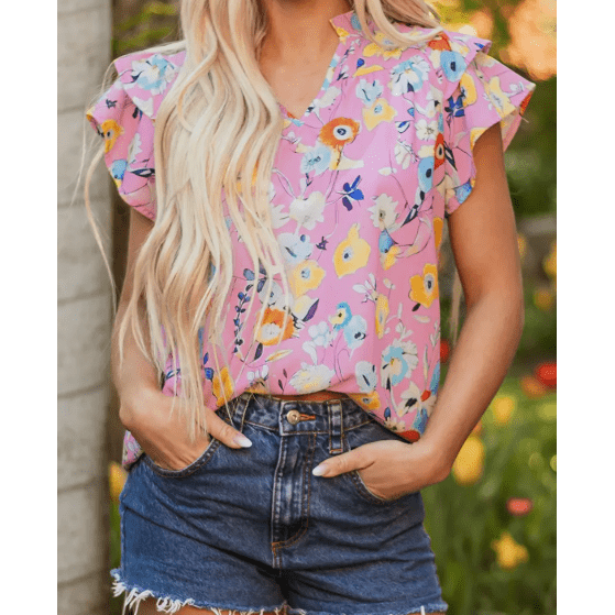 Marlene Pink Flutter Sleeve V Neck Floral Top