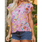 Marlene Pink Flutter Sleeve V Neck Floral Top
