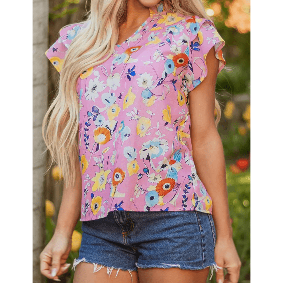 Marlene Pink Flutter Sleeve V Neck Floral Top