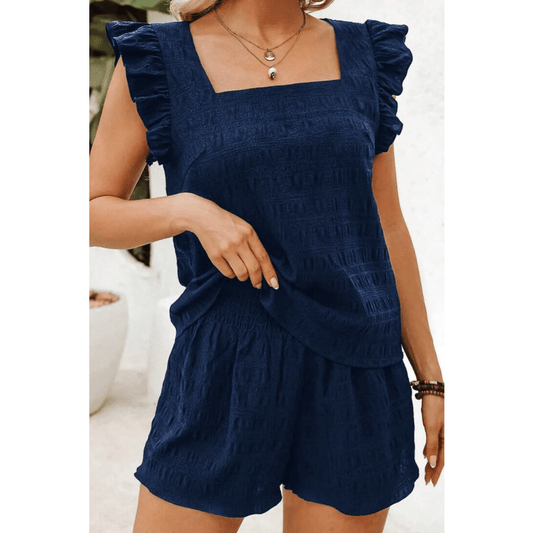 Janna Textured Square Neck Top and Shirred High Waist Shorts Set