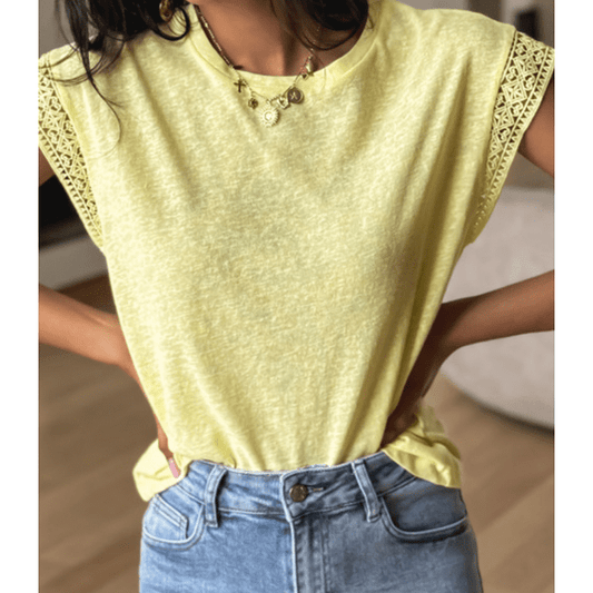 Evolet Yellow Lace Patchwork Cap Sleeve Round Neck T Shirt