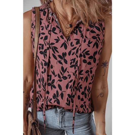 Violetta Leaf Print Lace-up V Neck Crinkled Tank Top