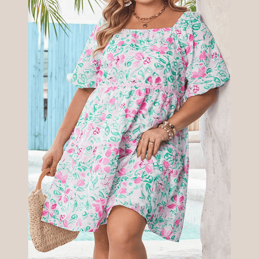 Amberly White Floral Print Ric-rac Trim Square Neck PLUS SIZE Mini Dress