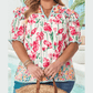 Lally Pink PLUS SIZE Floral Print Striped Trim V Neck Blouse