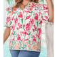 Lally Pink PLUS SIZE Floral Print Striped Trim V Neck Blouse