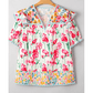 Lally Pink PLUS SIZE Floral Print Striped Trim V Neck Blouse
