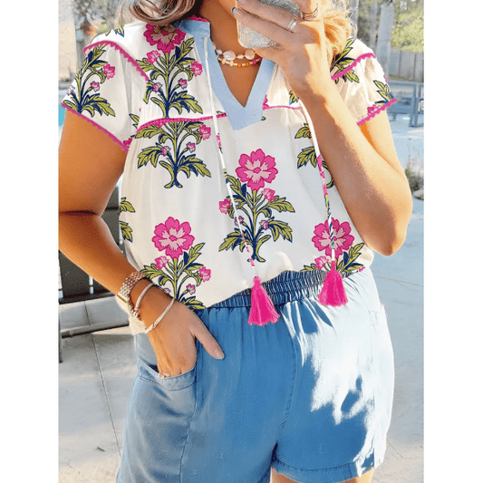 Cora Vintage Floral Print Contrast Notched V Neck PLUS SIZE Summer Blouse