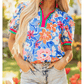 RTS Floral Colorblock Edge Puff Sleeve Split Neck Blouse
