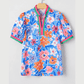 RTS Floral Colorblock Edge Puff Sleeve Split Neck Blouse