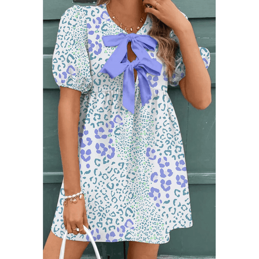 Regan Floral Contrast Purple Bow Puff Sleeve Mini Dress