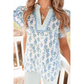 Tamika Green Floral Print Striped Detail Contrast V Neck Patchwork Flutter Sleeve Blouse
