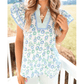 Tamika Green Floral Print Striped Detail Contrast V Neck Patchwork Flutter Sleeve Blouse