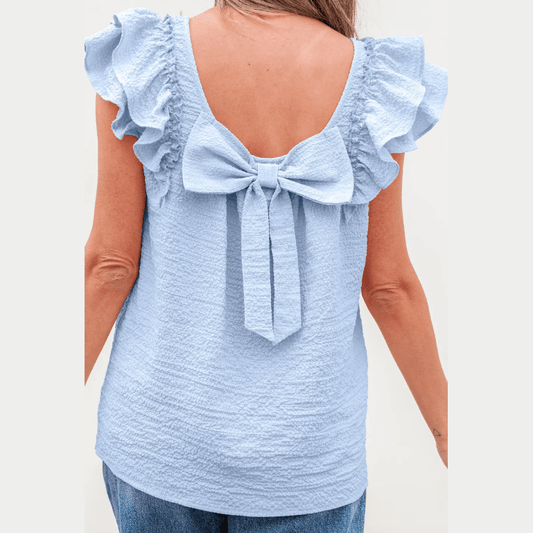 Stephany Beau Blue Textured Bow Knot Frilled Butterfly Sleeve Blouse