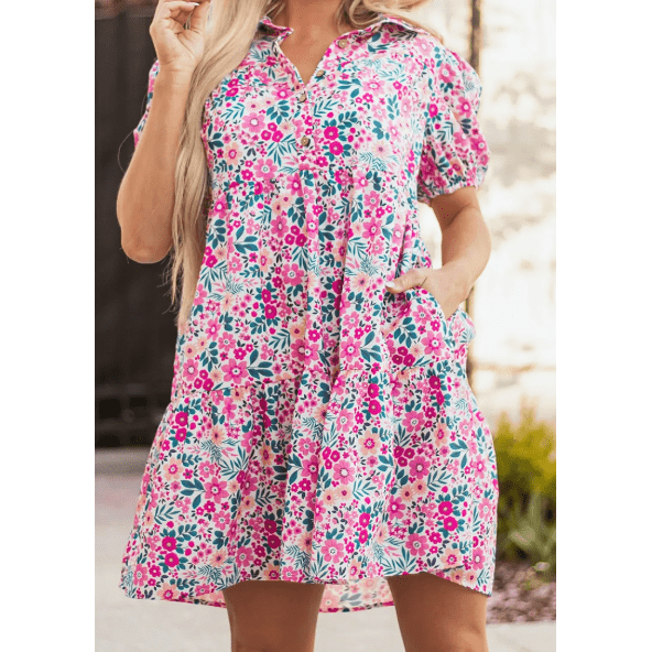 Adara Pink Floral Collared Half Placket Short Sleeve Loose Dress