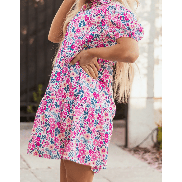 Adara Pink Floral Collared Half Placket Short Sleeve Loose Dress