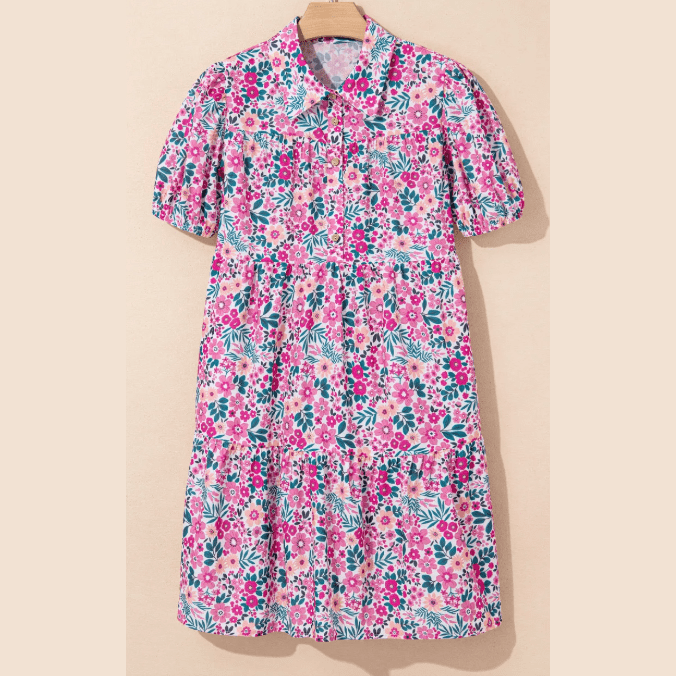 Adara Pink Floral Collared Half Placket Short Sleeve Loose Dress