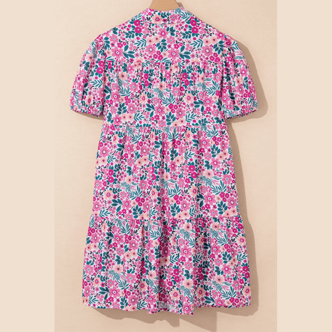 Adara Pink Floral Collared Half Placket Short Sleeve Loose Dress