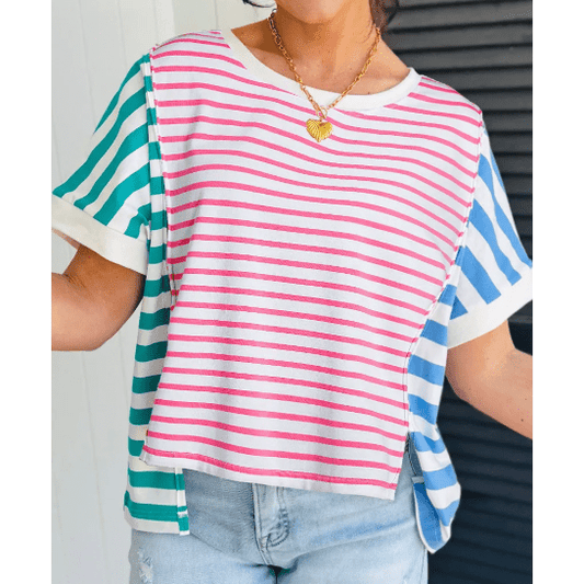 Camden Pink Stripe Mixed Pattern Patchwork Uneven Hem Loose Tee