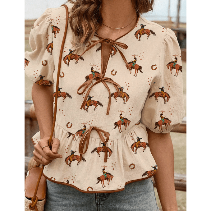 Cowboy Print Puff Sleeve Bowknot Peplum Blouse